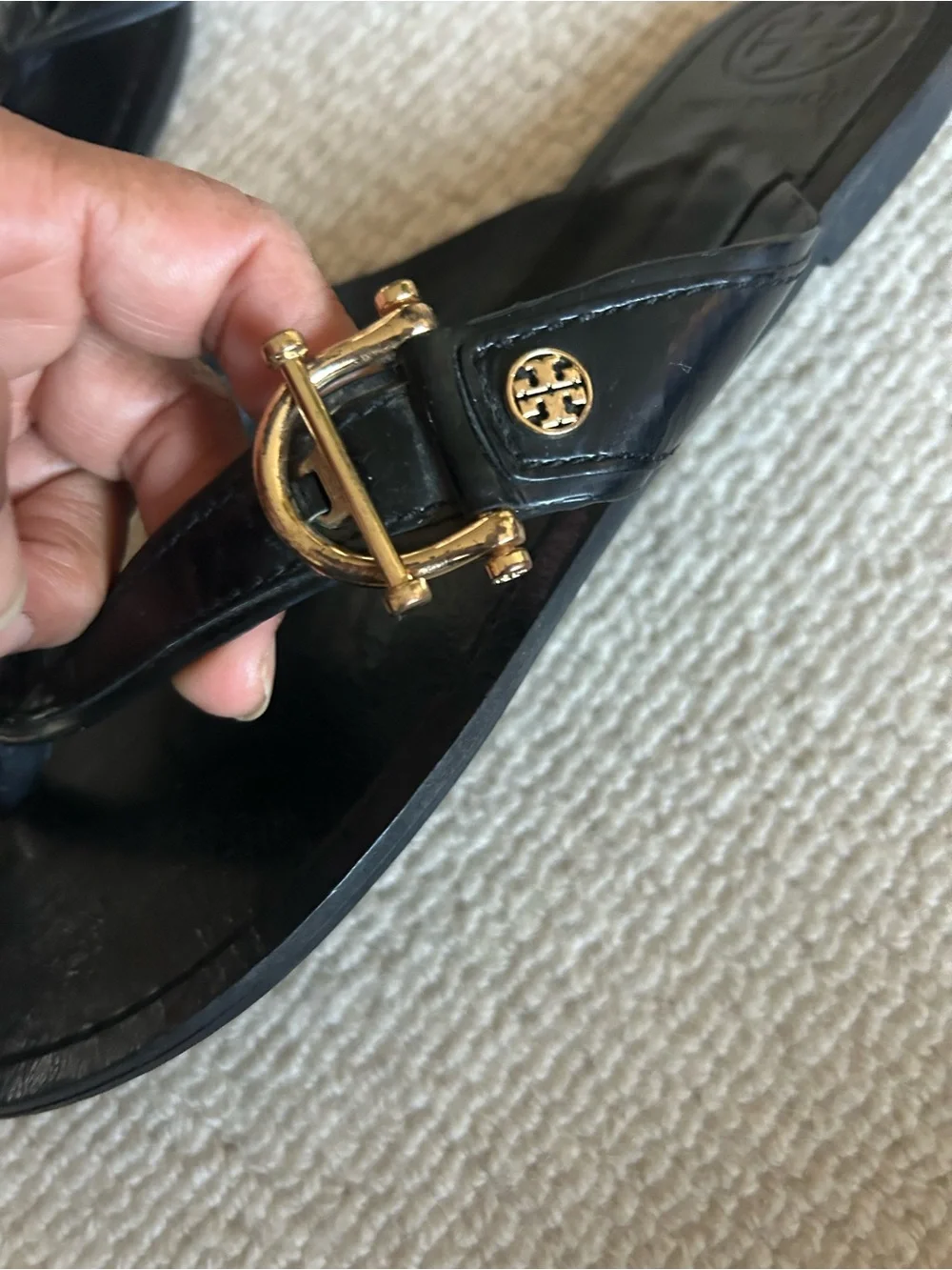 Tory Burch Black Patent Leather Thong Sandals with Gold Accent